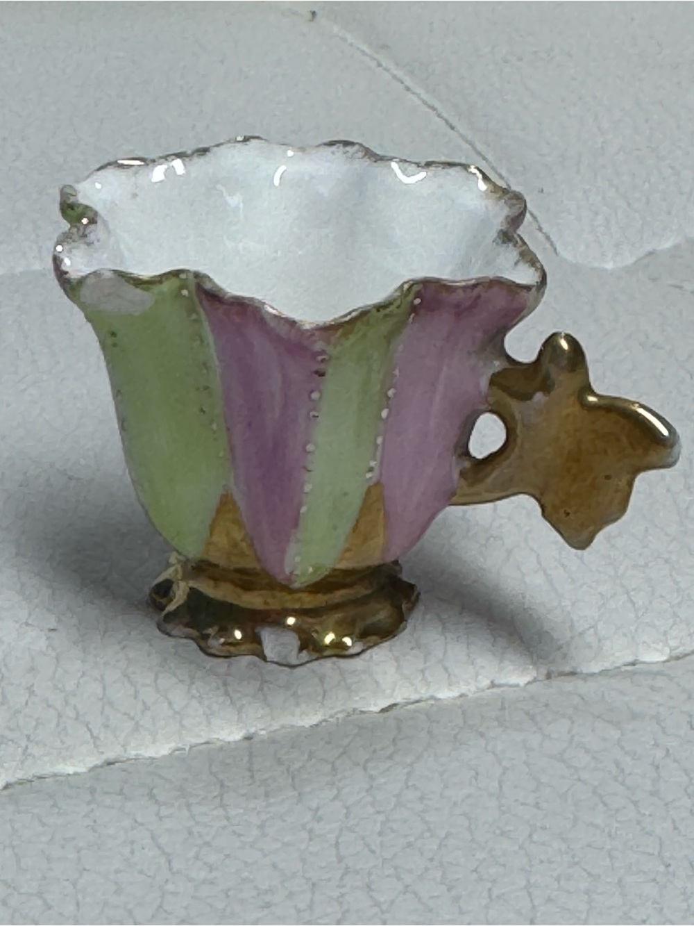 Vintage Miniature Porcelain Teacup Pink and Green Hand
Painted with Gold Trim